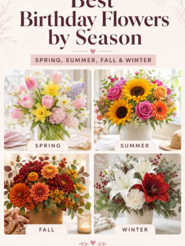 Pinterest pin for a seasonal birthday flower guide featuring spring tulips and daffodils, summer sunflowers and roses, fall chrysanthemums and dahlias, and winter amaryllis and lilies.