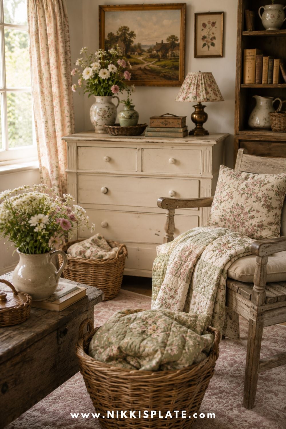 Country cottage decorating ideas shown in a cozy rustic room with painted furniture, woven baskets, a floral quilt, vintage decor, soft pastel colors, weathered wood, and fresh flowers in warm natural light.