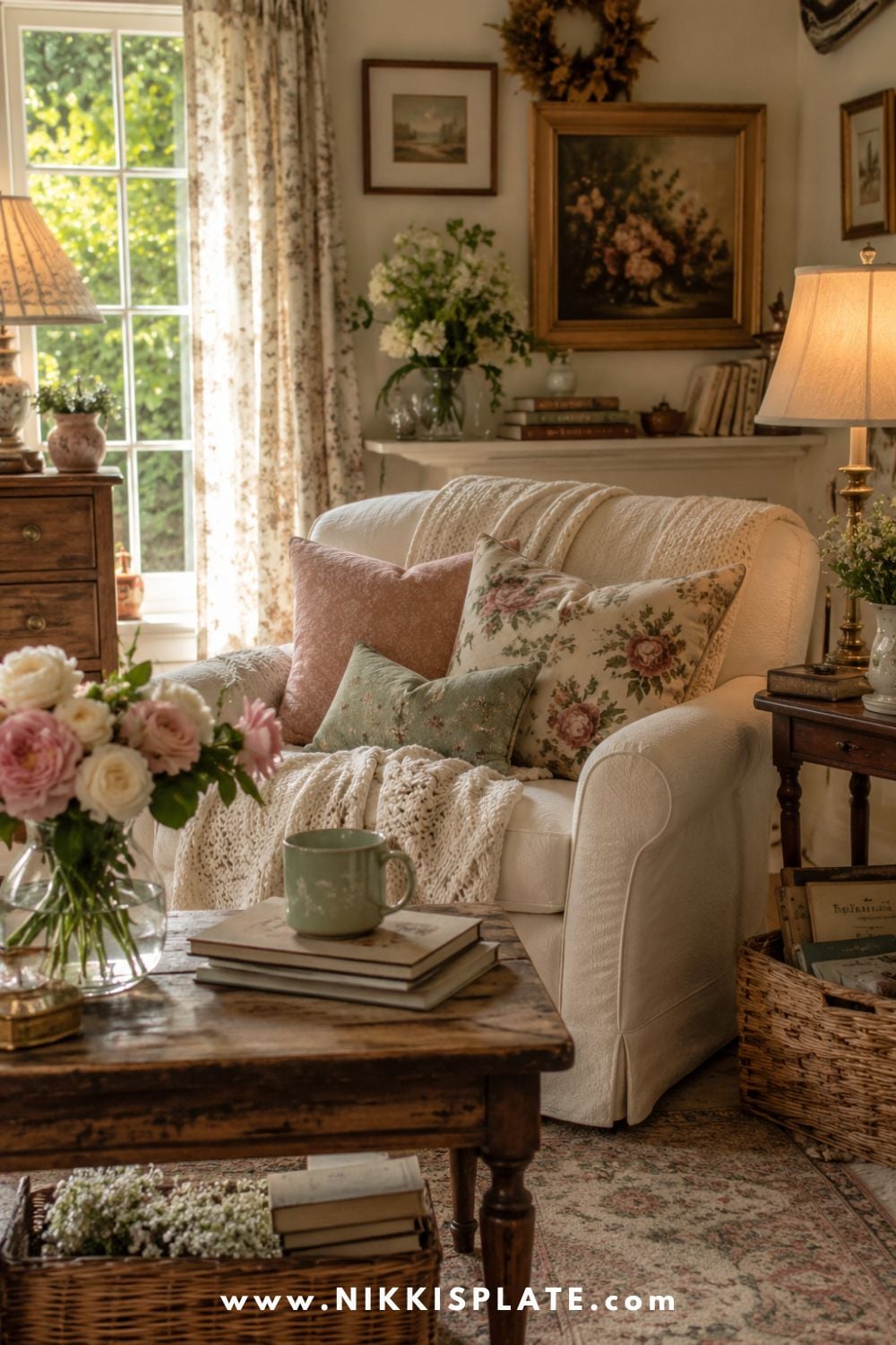 Cozy cottage home inspiration image featuring a soft armchair with floral pillows, warm lamp light, layered textures, meaningful decor, vintage artwork, books, fresh flowers, and a welcoming English cottage style living space.
