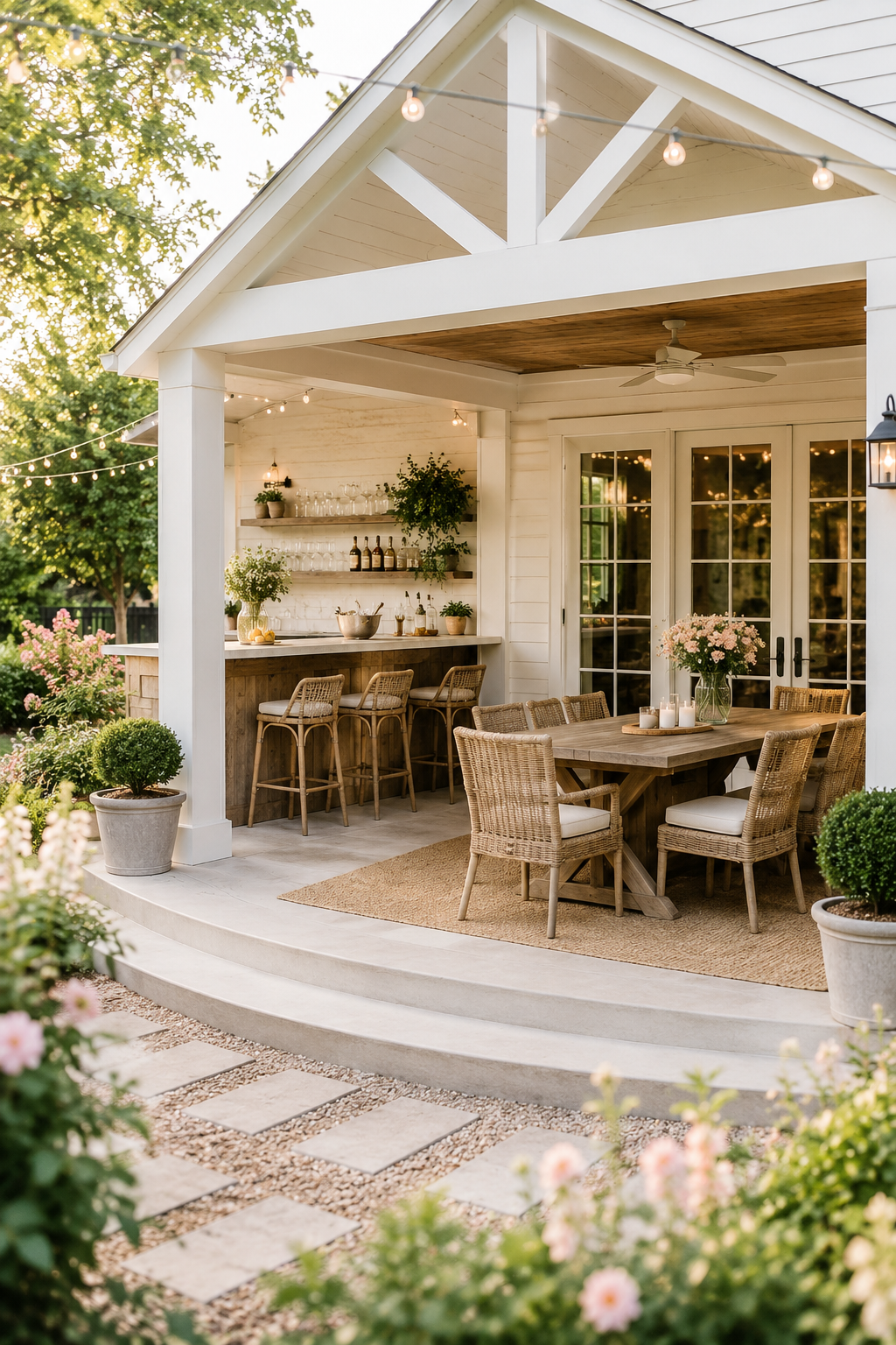 Covered patio bar with warm wood counter, woven bar stools, open shelves, string lights, farmhouse dining area, and cozy backyard garden decor