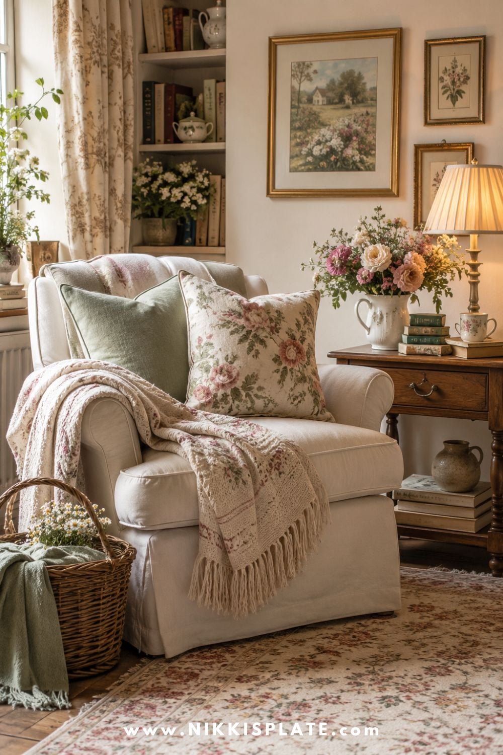Cozy English cottage home inspiration image with a slipcovered armchair, floral pillows, layered throw blankets, warm wood side table, stacked books, ceramic mug, fresh flowers in a pitcher, vintage artwork, woven basket, soft rug, and warm lamp light.