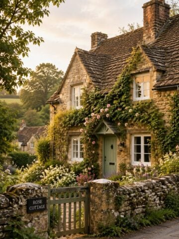 Cozy English cottage house exterior in the countryside with a stone facade, climbing roses, ivy, a cottage garden, garden gate, and warm golden light.