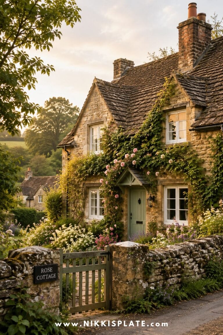 Cozy English cottage house exterior in the countryside with a stone facade, climbing roses, ivy, a cottage garden, garden gate, and warm golden light.