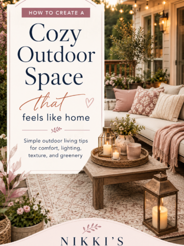 Cozy outdoor space with comfortable seating, string lights, lanterns, greenery, pillows, and soft textures that feel like an extension of the home.
