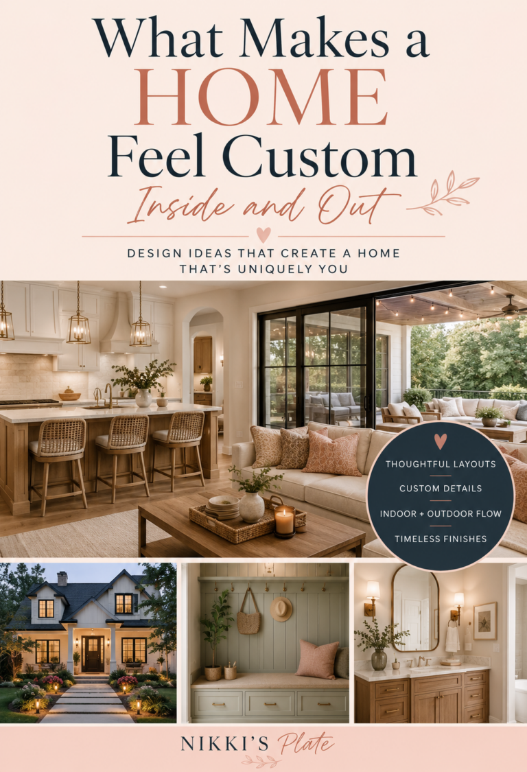 Custom home design ideas featuring a warm kitchen, cozy living room, connected outdoor space, landscaping, and thoughtful interior details.