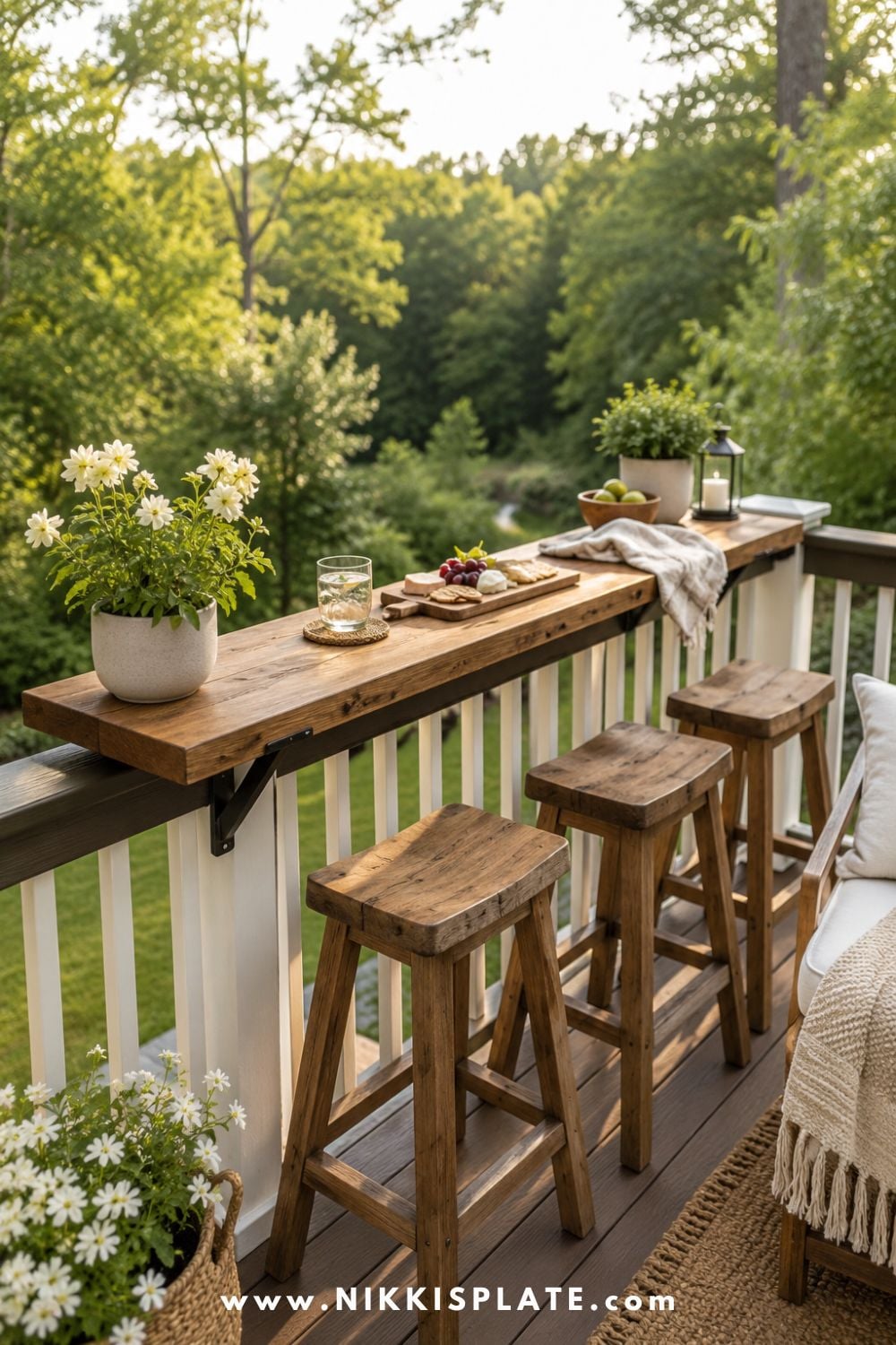 Deck railing bar with narrow wood ledge, wooden stools, potted flowers, snacks, drink glass, and cozy backyard views for small outdoor spaces