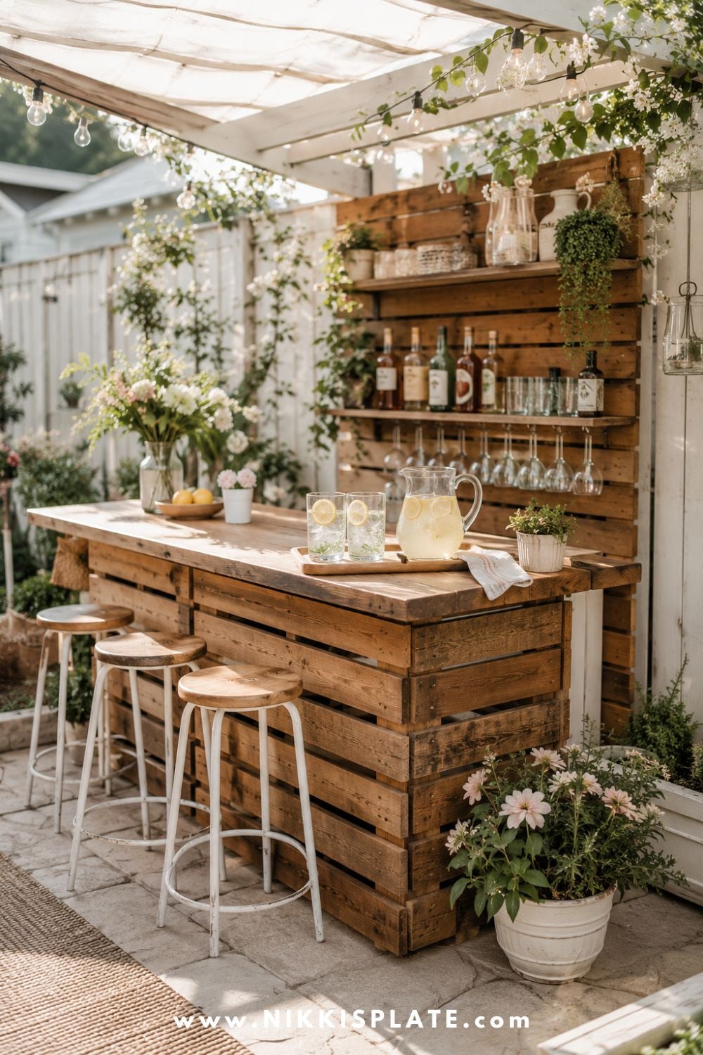 DIY pallet bar with warm wood slats, open shelves, white metal stools, lemonade pitcher, glassware, flowers, and cozy farmhouse garden decor