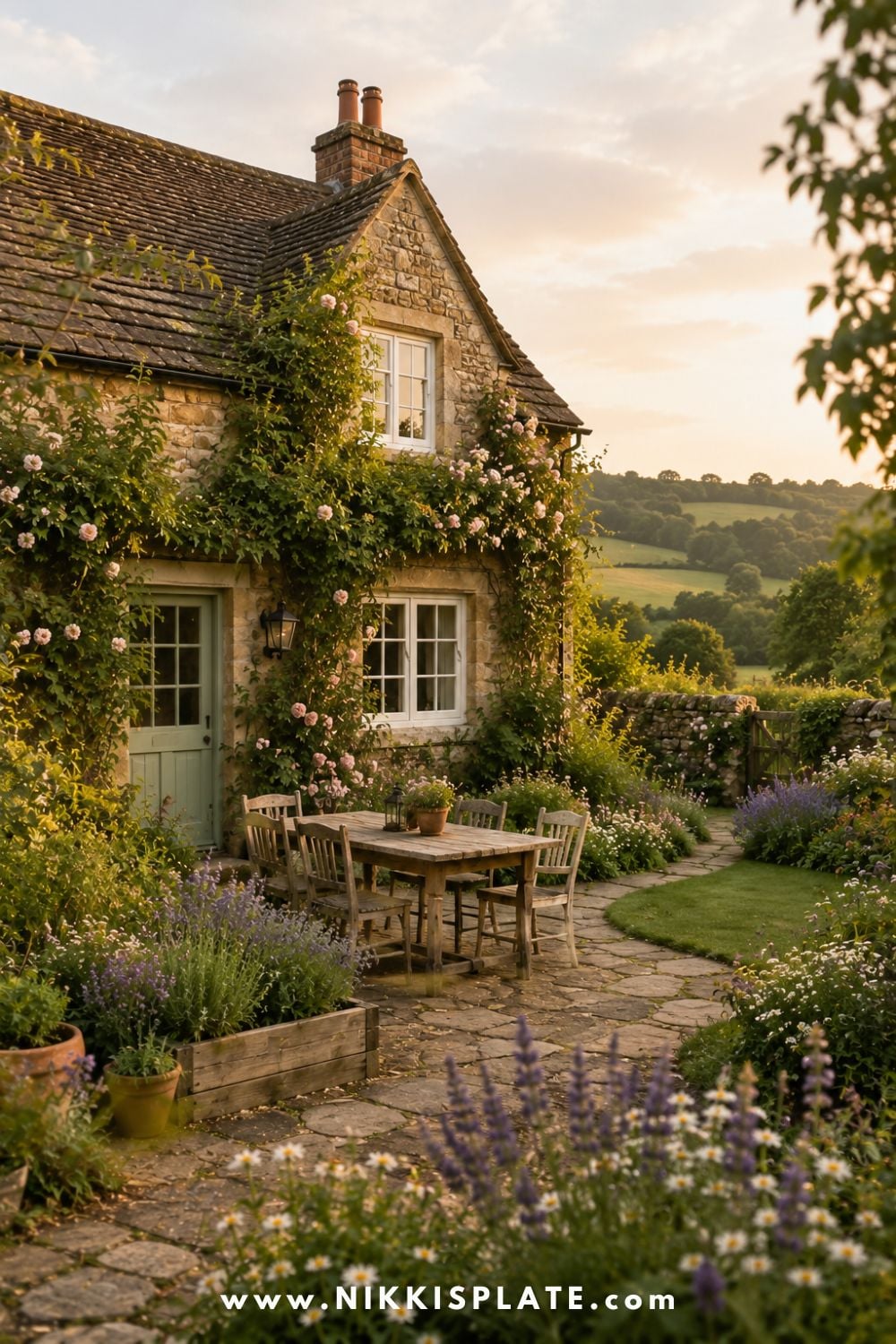 Realistic English cottage backyard with warm stone walls, climbing roses, ivy, a stone patio with a rustic wooden table and mismatched chairs, raised garden beds, lush cottage flowers, and a peaceful countryside view in soft golden evening light.
