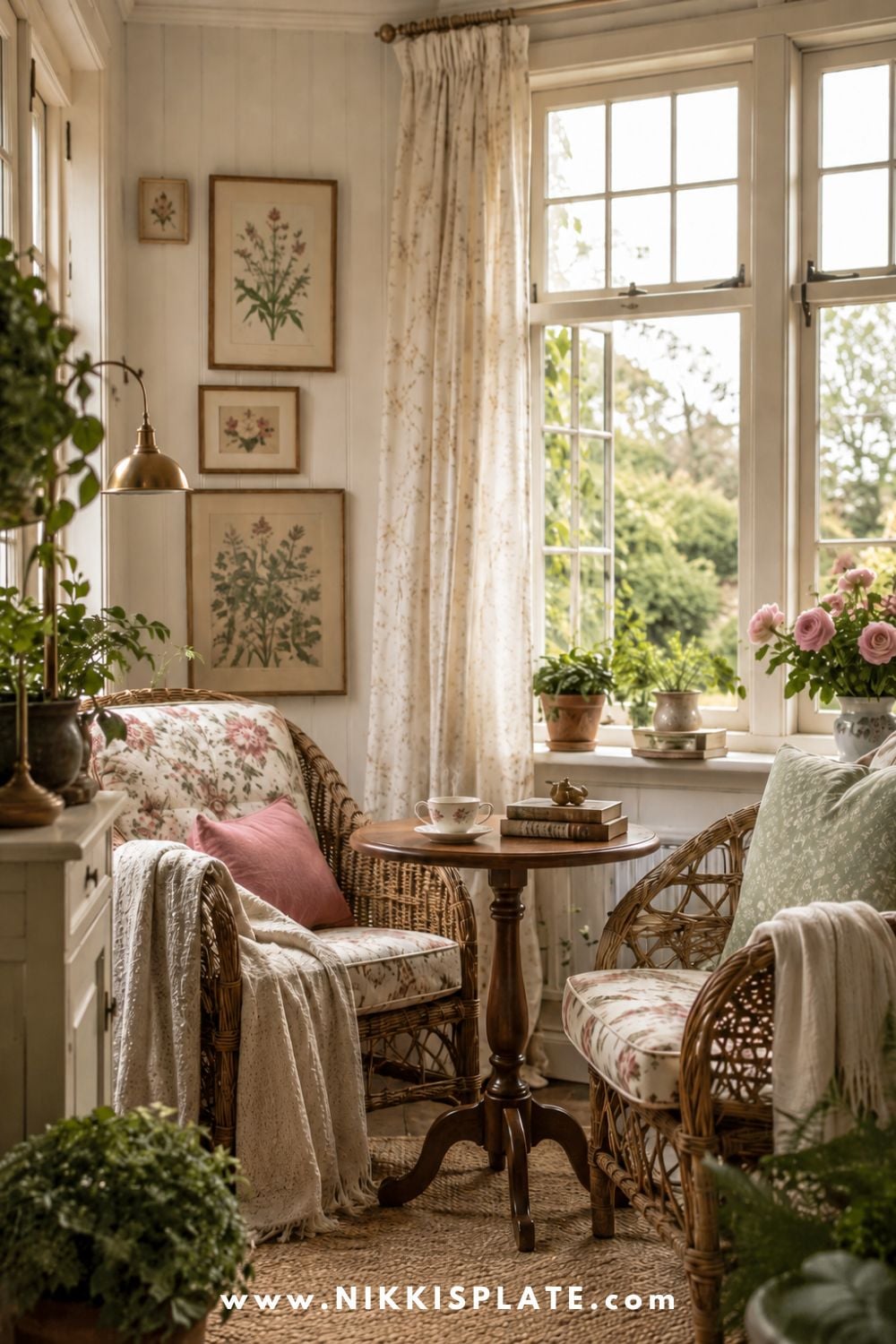Cozy English cottage garden room with rattan chairs, floral cushions, a small wood table with a vintage teacup and light steam, potted plants, botanical prints, linen curtains, woven textures, throw blankets, and soft natural light.