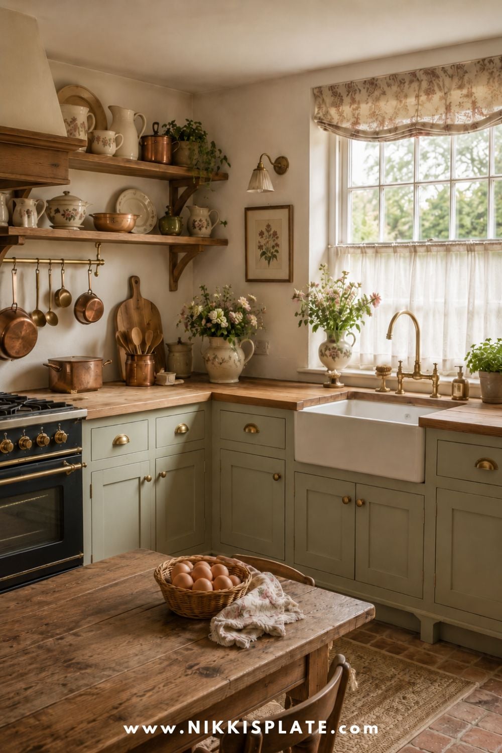 Charming English cottage kitchen with muted sage cabinets, open wood shelving, copper pots, stoneware dishes, ceramic pitchers, vintage cutting boards, brass hardware, a farmhouse sink, linen cafe curtains, fresh flowers, warm wood tones, and soft natural light.