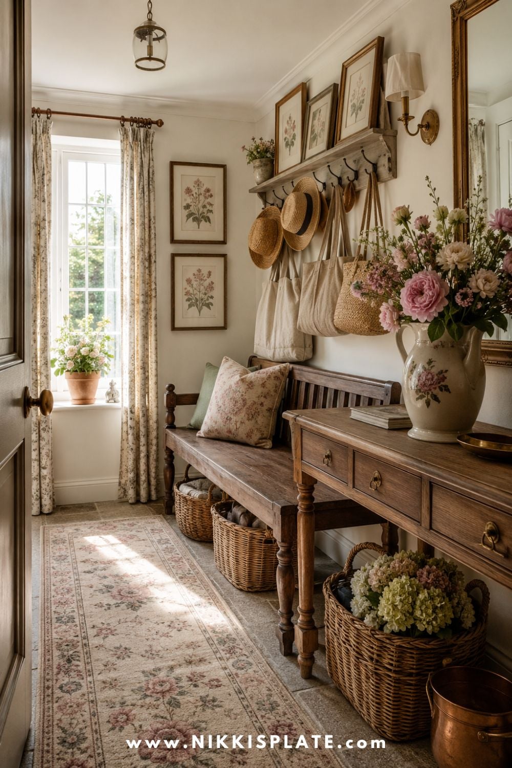 Cozy English cottage style entryway with a vintage wood bench, woven baskets, floral runner rug, wall hooks with linen totes and straw hats, botanical artwork, antique console table, fresh garden flowers, and soft natural light.