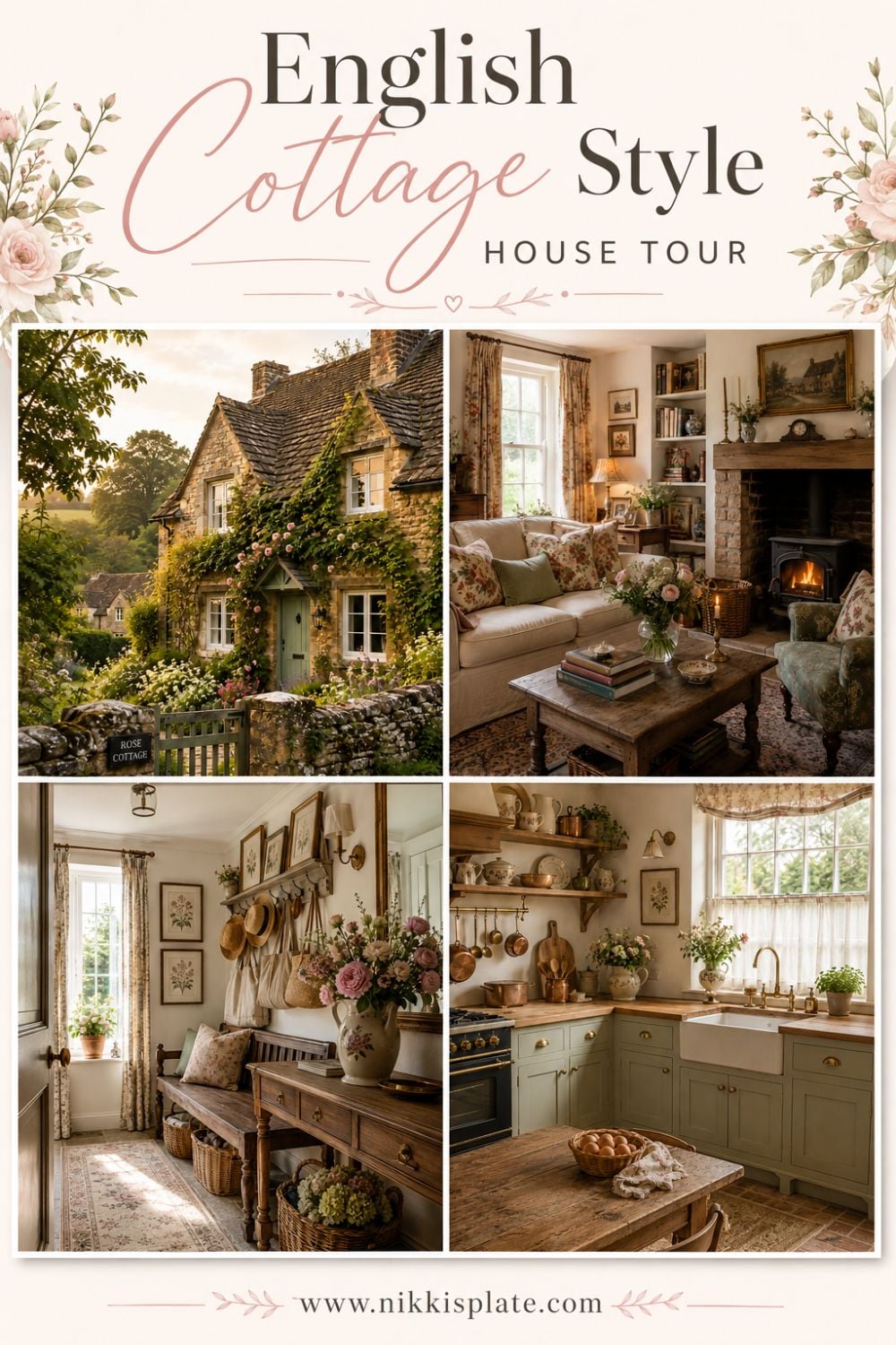 Step inside this cozy English cottage style house tour filled with warm wood accents, floral patterns, vintage decor, sage green details, charming cottage rooms, and timeless English country home inspiration. Perfect for anyone who loves cozy cottage interiors, romantic home decor, and collected countryside style.