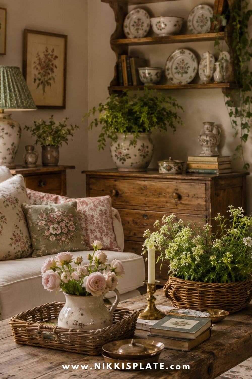 Cozy English country decor living room with floral pillows, vintage wood furniture, botanical artwork, wicker baskets, patterned curtains, ceramic dishes, soft green accents, warm textures, and a classic cottage fireplace.