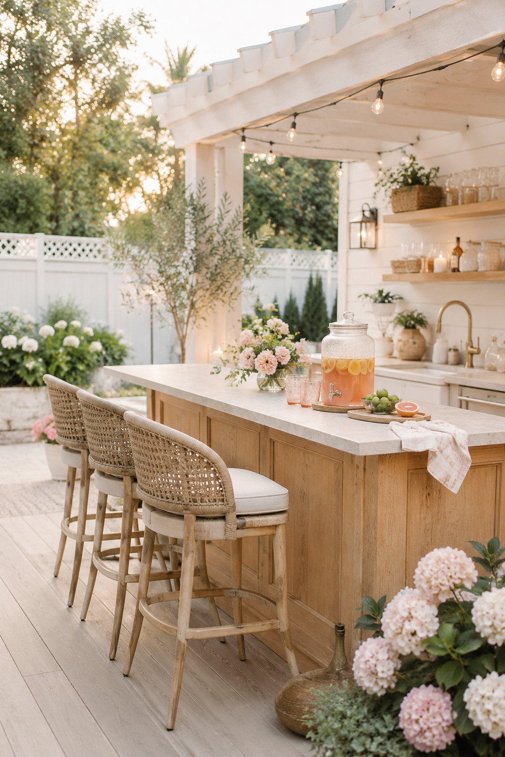 Farmhouse backyard bar with warm wood island, woven bar stools, pink citrus drink dispenser, soft flowers, and cozy outdoor patio decor