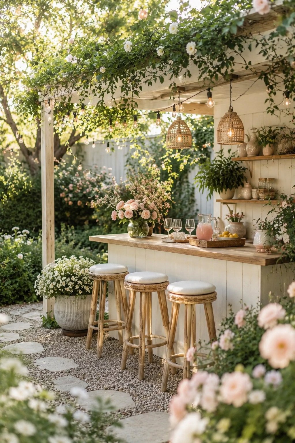 Garden backyard bar with warm wood counter, rattan stools, soft pink flowers, string lights, and cozy outdoor entertaining decor surrounded by greenery