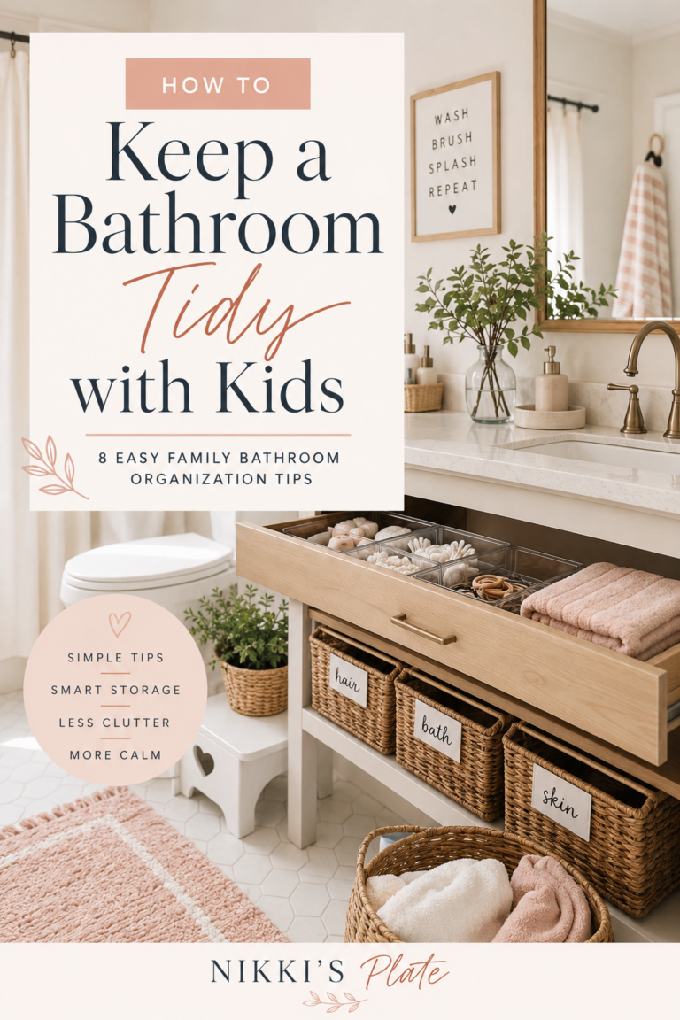 Organized family bathroom with vanity storage, baskets, bath mat, and drawer organizers for keeping a bathroom tidy with kids.