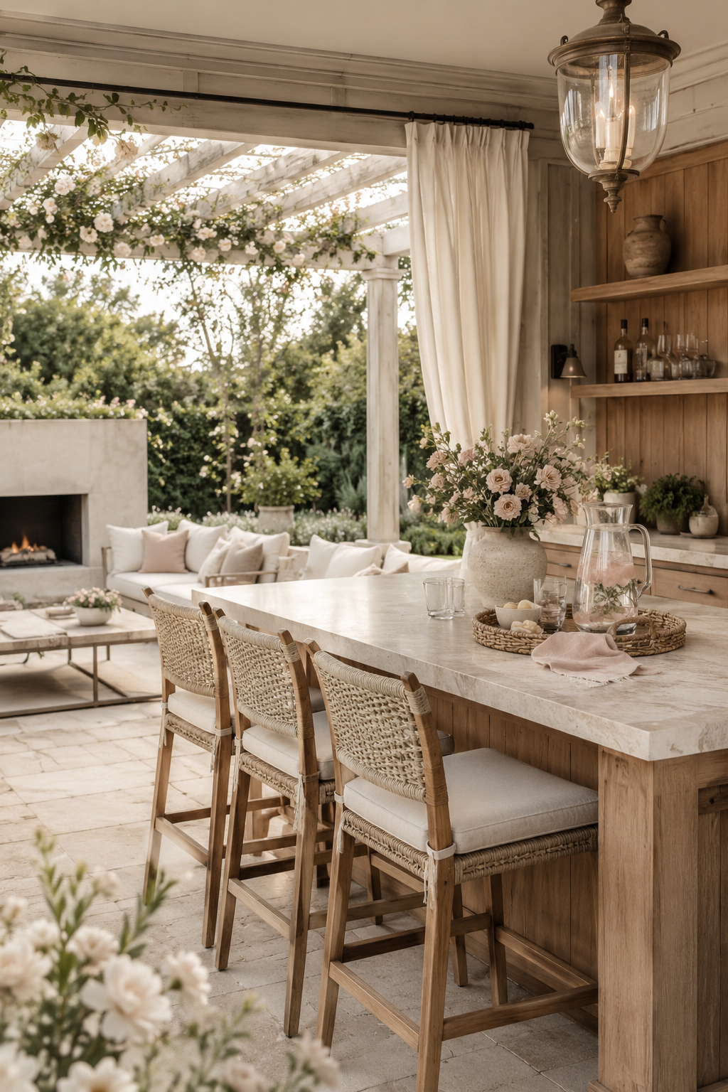 Luxury outdoor bar setup with warm wood cabinets, woven bar stools, pale stone countertop, soft flowers, and cozy backyard lounge seating