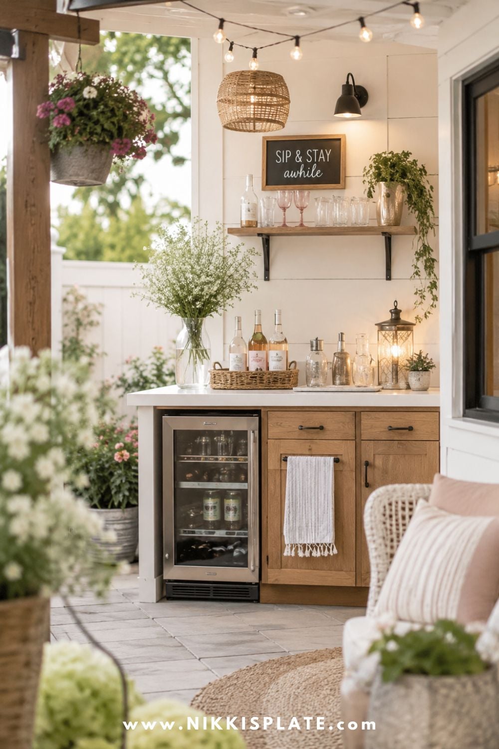 Mini bar for backyard with wood cabinets, beverage fridge, open shelves, glassware, string lights, potted flowers, and cozy covered patio seating.