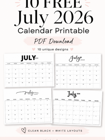 Download 10 free minimalist July 2026 calendar printables in PDF format! These clean black-and-white monthly calendar layouts are perfect for home, office, planners, family schedules, meal planning, and staying organized all summer long.
