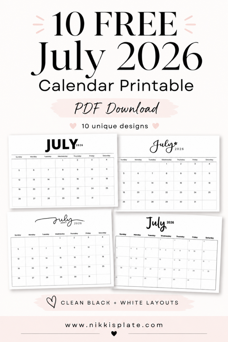 Download 10 free minimalist July 2026 calendar printables in PDF format! These clean black-and-white monthly calendar layouts are perfect for home, office, planners, family schedules, meal planning, and staying organized all summer long.