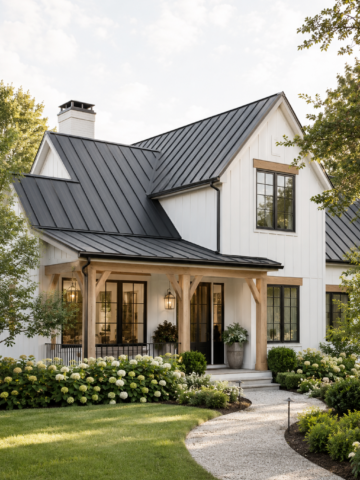 Modern white farmhouse with a black metal roof, wood porch accents, and landscaped front yard.