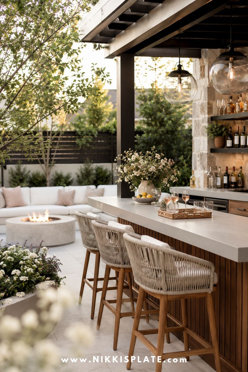 Modern outdoor bar ideas with seating, wicker bar stools, sleek wood bar, stone counter, pendant lights, cozy fire pit, and backyard lounge area.