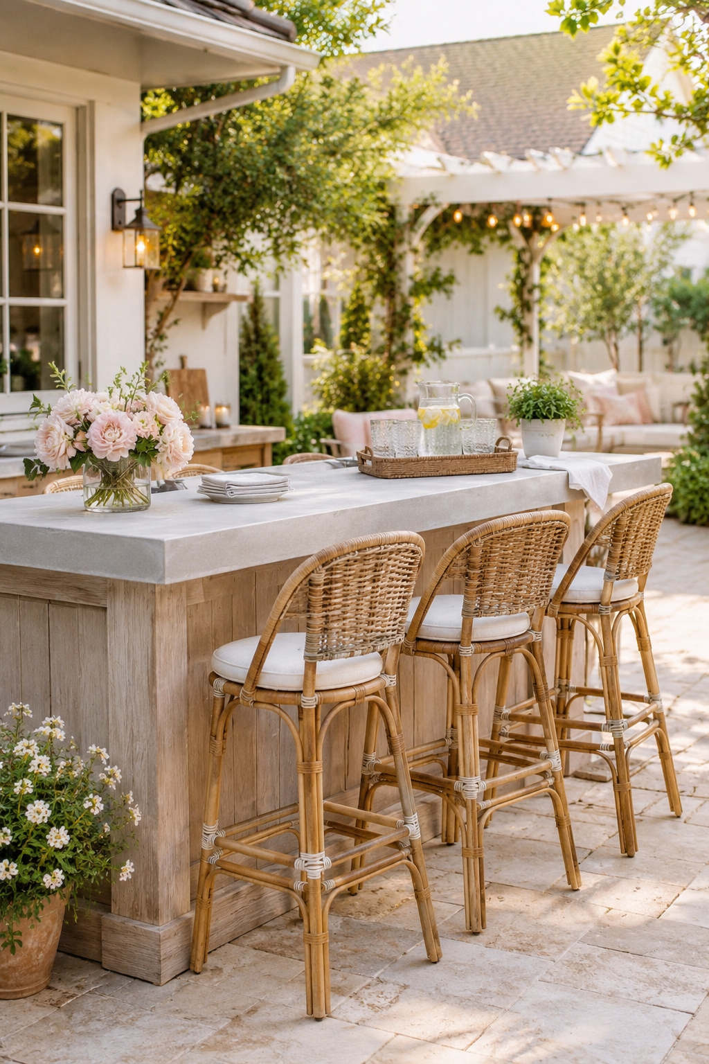 Outdoor bar counter with warm wood base, stone countertop, wicker bar stools, soft flowers, lemon pitcher, and cozy farmhouse patio decor