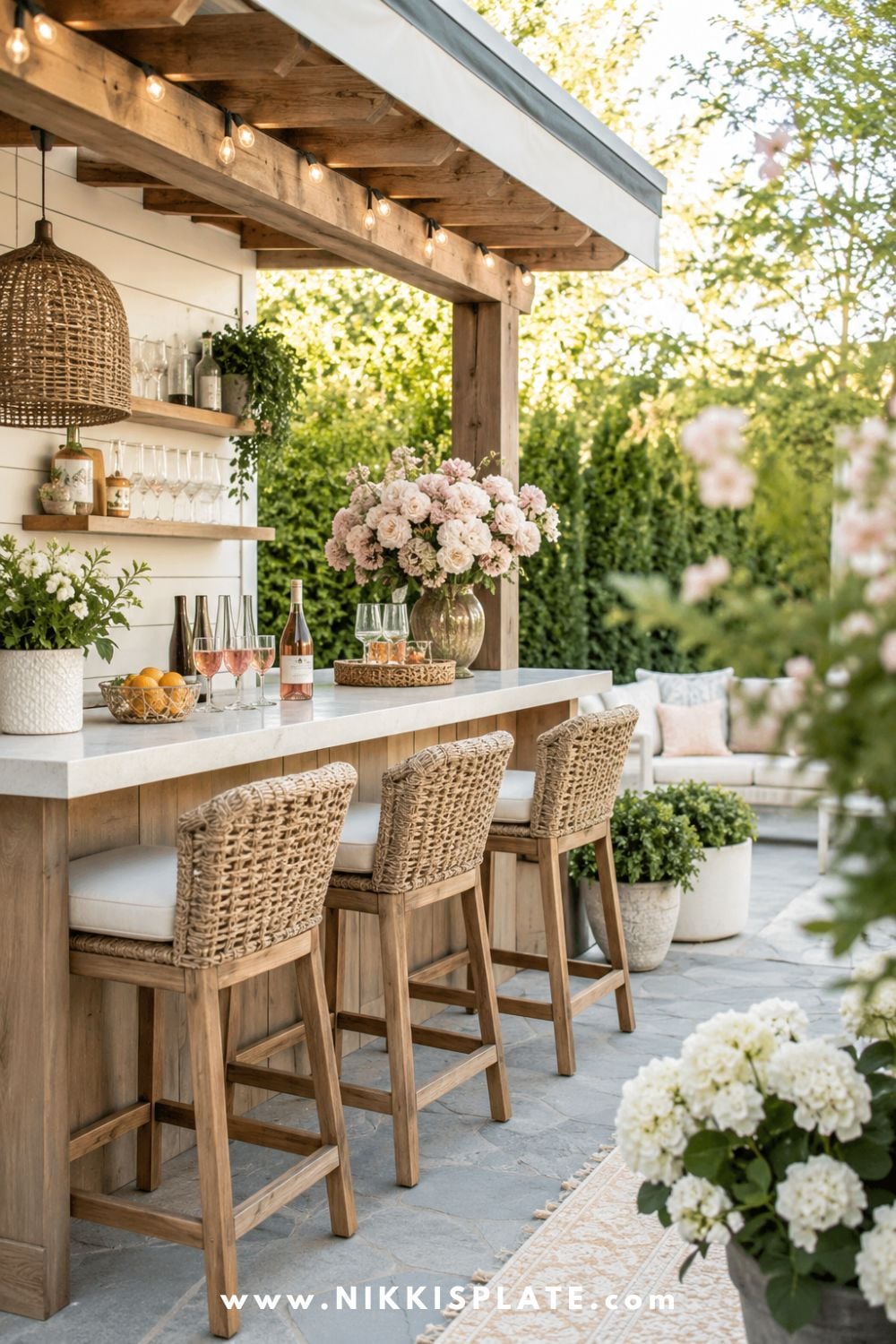 Patio bar ideas for backyard entertaining with wicker bar stools, wood bar, stone counter, pink flowers, outdoor shelves, and cozy farmhouse seating.