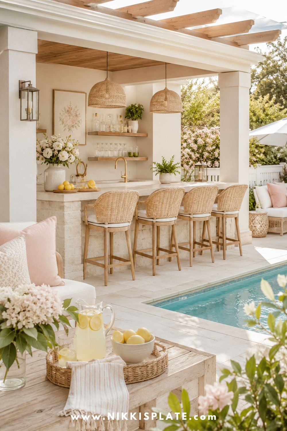 Poolside backyard bar ideas with wicker stools, light stone bar, woven pendant lights, lemonade tray, soft pink pillows, flowers, and bright patio decor.
