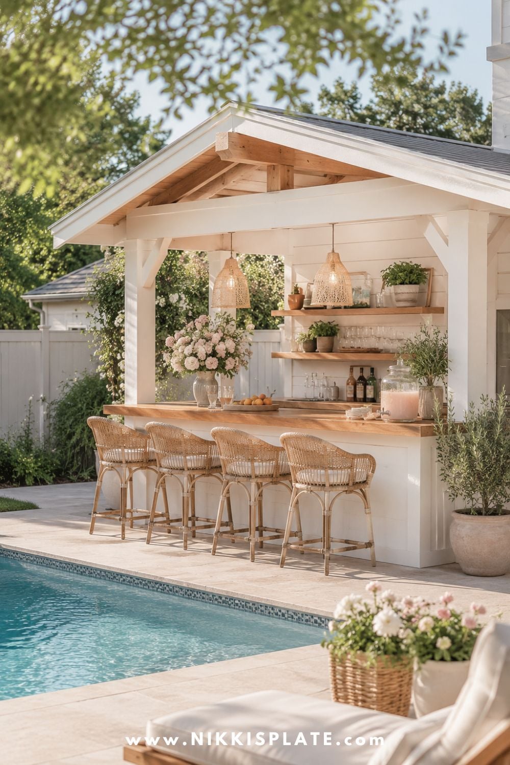 Poolside backyard bar with white farmhouse structure, warm wood counter, wicker bar stools, woven pendant lights, greenery, and soft pink drink dispenser.