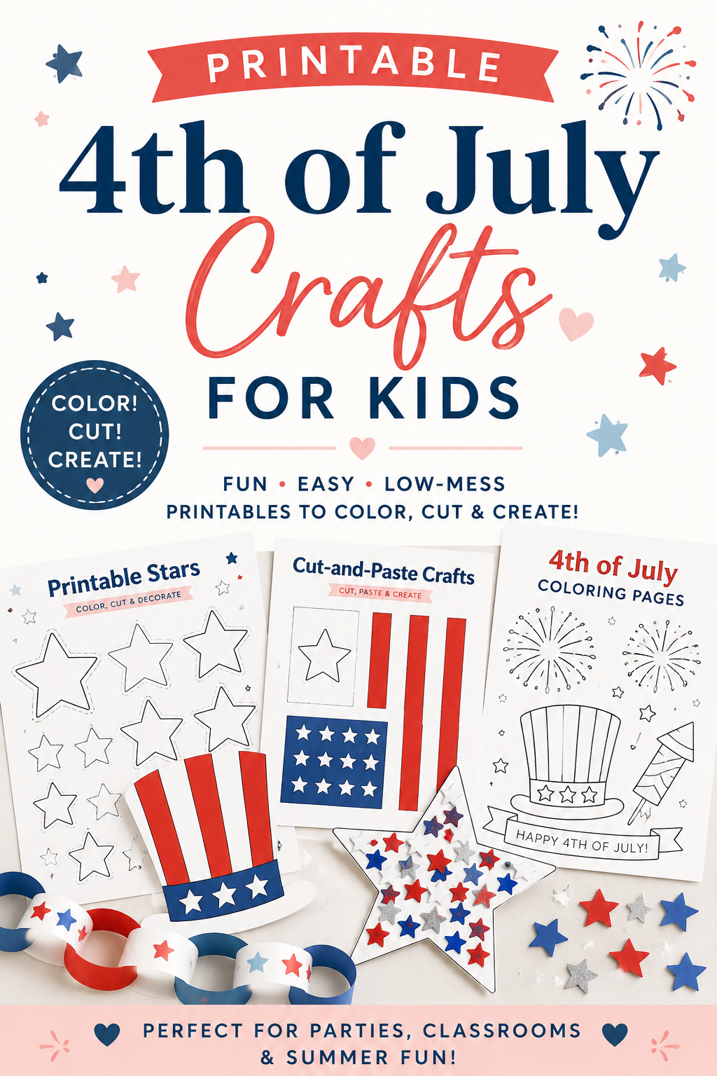 These printable 4th of July crafts for kids include coloring pages, flags, stars, cut-and-paste crafts, party hats, and activity sheets.