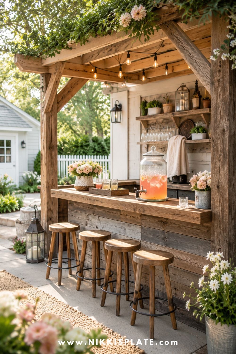 Rustic backyard bar with wood accents, wooden stools, pink lemonade dispenser, open shelves, string lights, soft flowers, and cozy farmhouse garden decor.