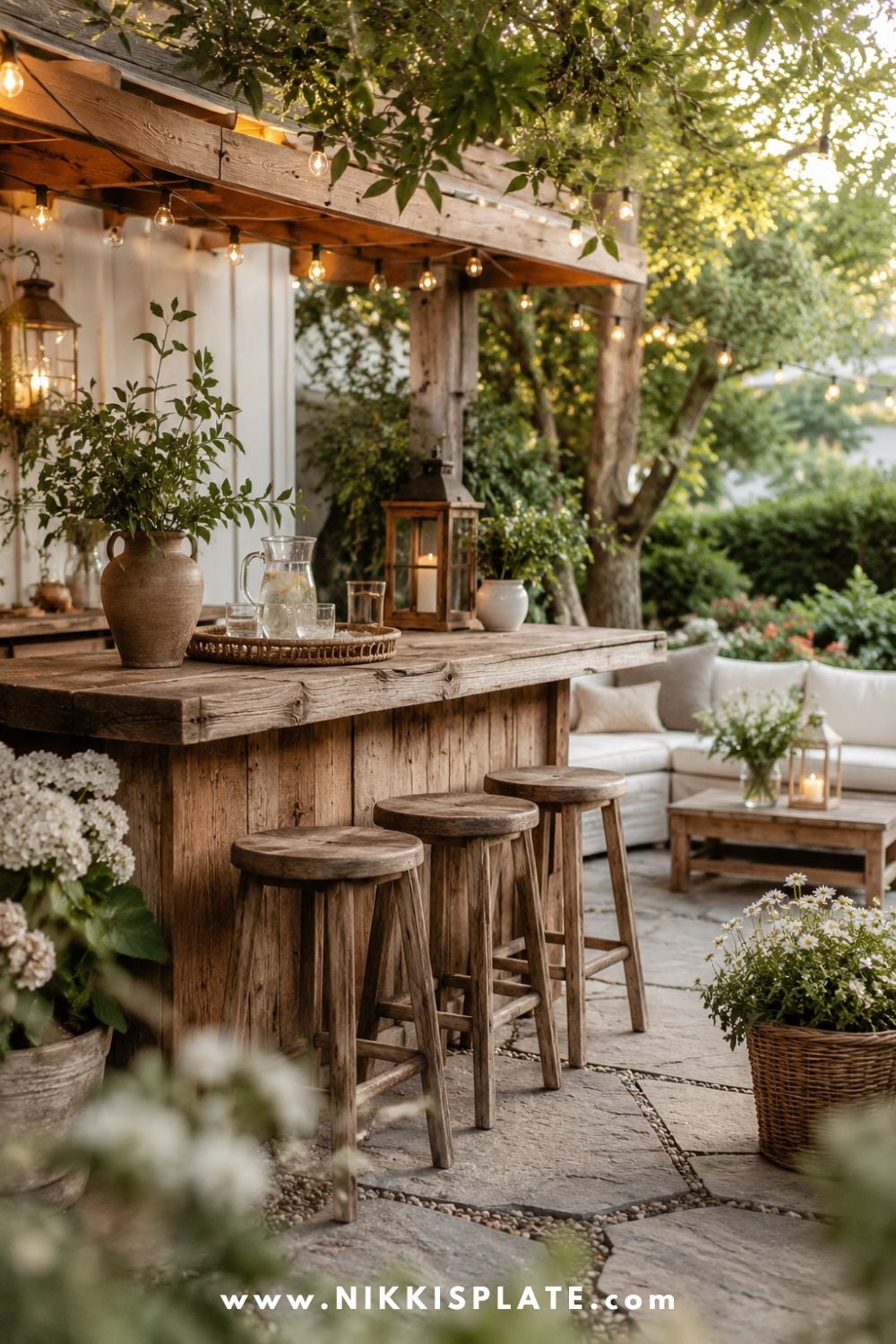 Rustic wood backyard bar with reclaimed wood counter, wooden stools, string lights, lanterns, white flowers, greenery, and cozy farmhouse patio seating