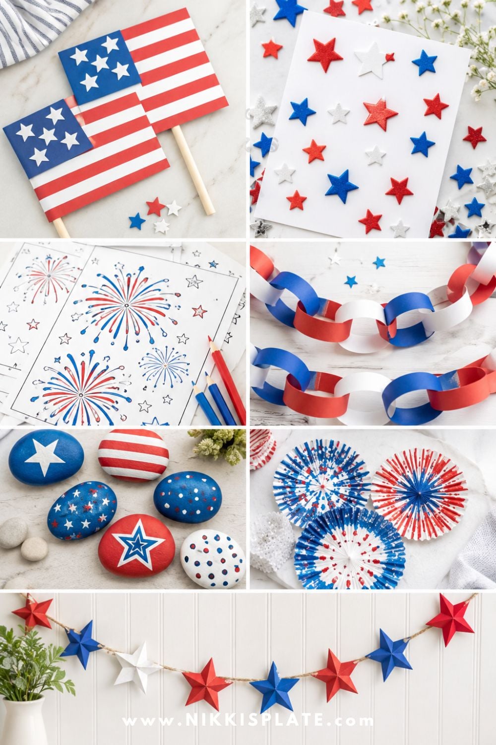 Simple easy 4th of July crafts collage with construction paper flags, star stickers on cardstock, firework coloring pages, paper chains, painted patriotic rocks, cupcake liner fireworks, and paper star garland