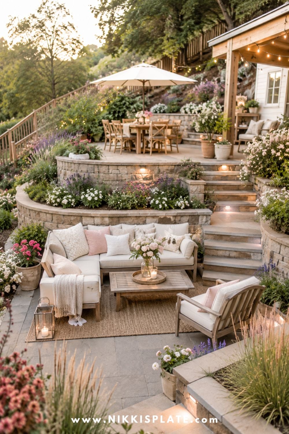 Sloped backyard landscaping with built-in patio levels, stone retaining walls, cozy outdoor seating, soft garden lighting, and layered hillside planting.