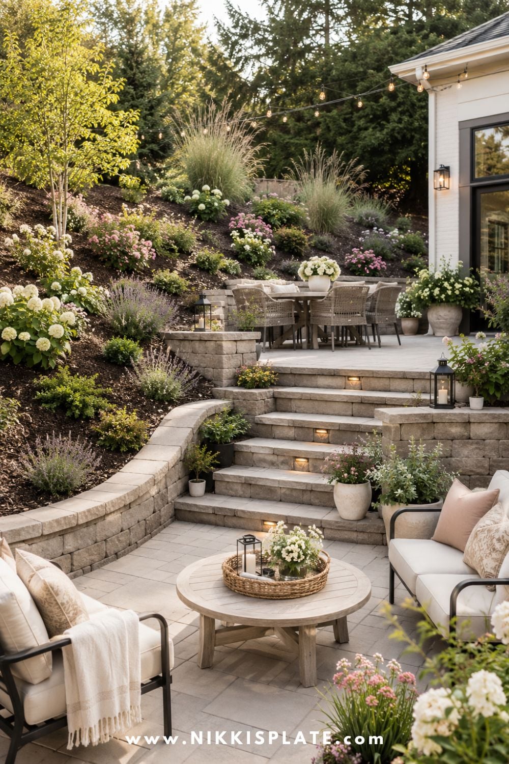 Sloped backyard landscaping with built-in patio tiers, stone retaining walls, cozy outdoor seating, soft garden lighting, and layered hillside planting.