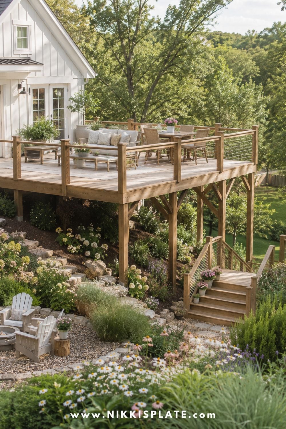 Sloped backyard landscaping with a raised deck over the slope, warm wood railing, outdoor dining space, garden stairs, and layered hillside flowers.