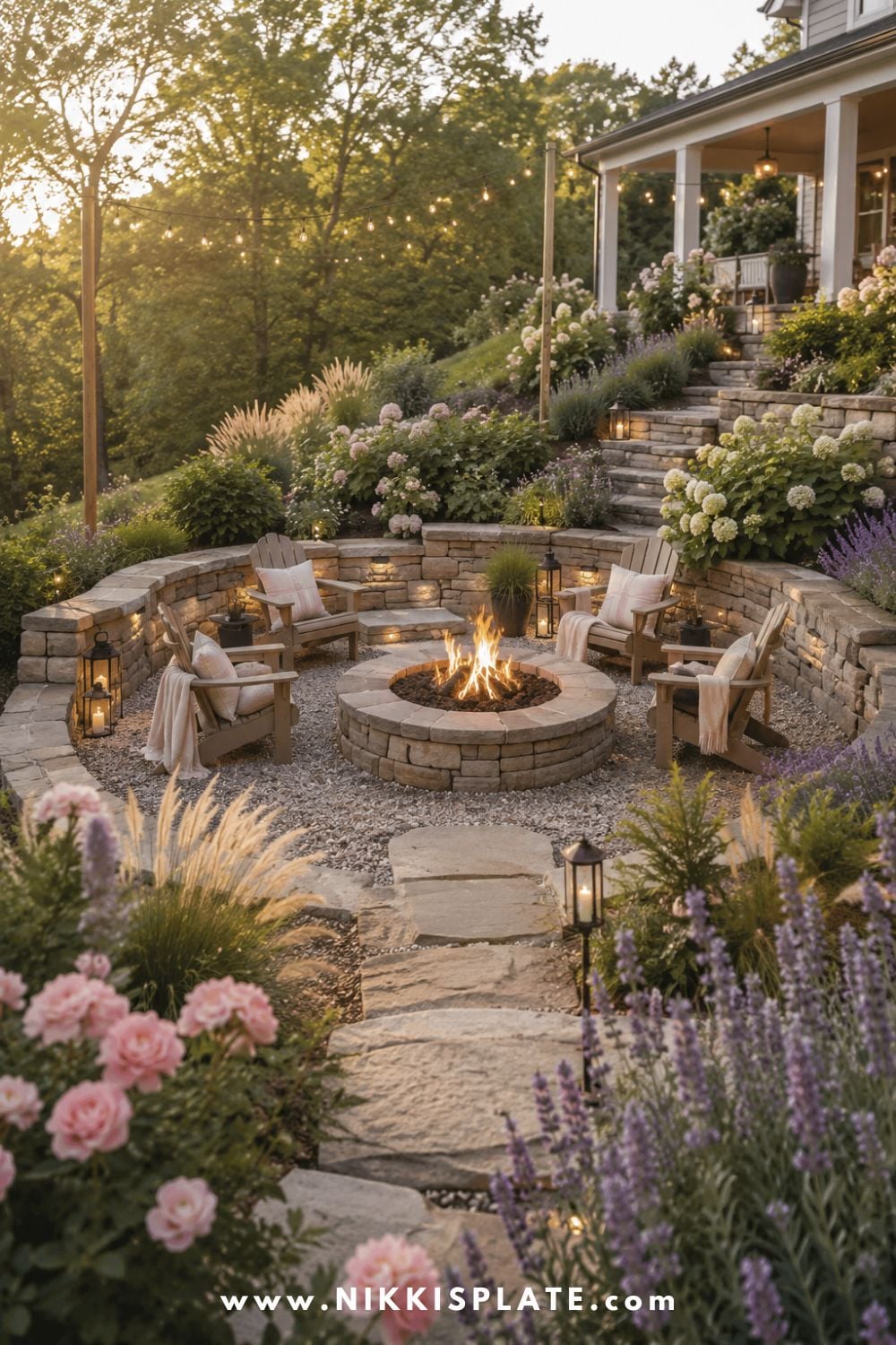 Sloped backyard landscaping with a cozy fire pit terrace, stone retaining walls, gravel seating area, cottage flowers, and warm garden lighting.
