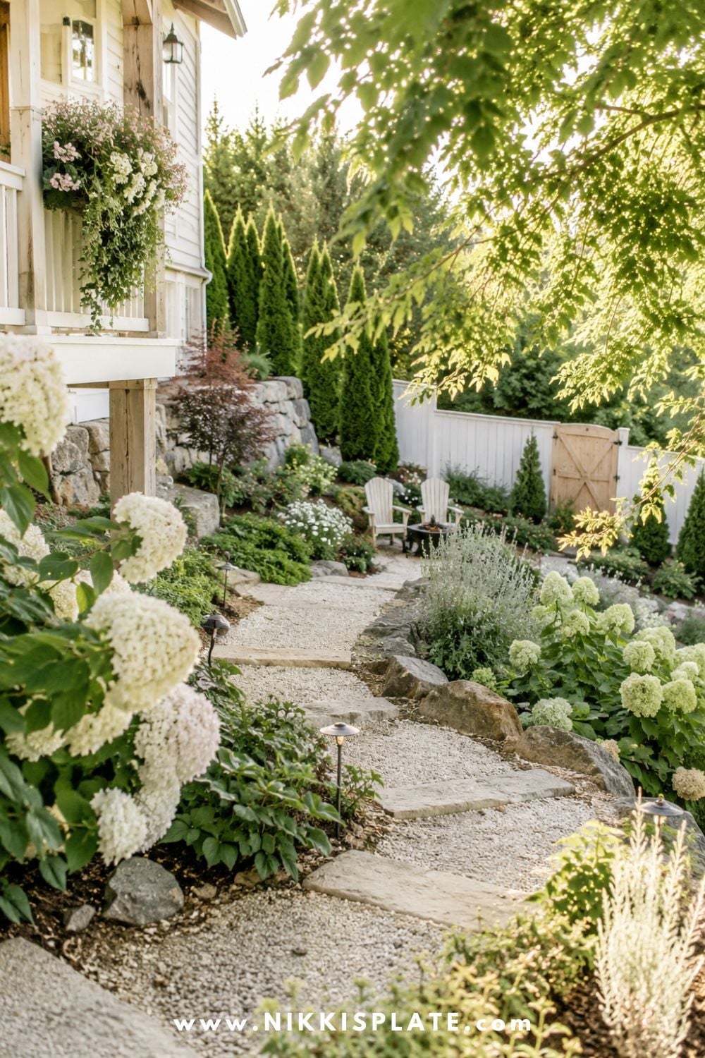 Sloped backyard landscaping with a gravel path, stone stepping areas, hydrangeas, evergreens, and a cozy backyard seating area.