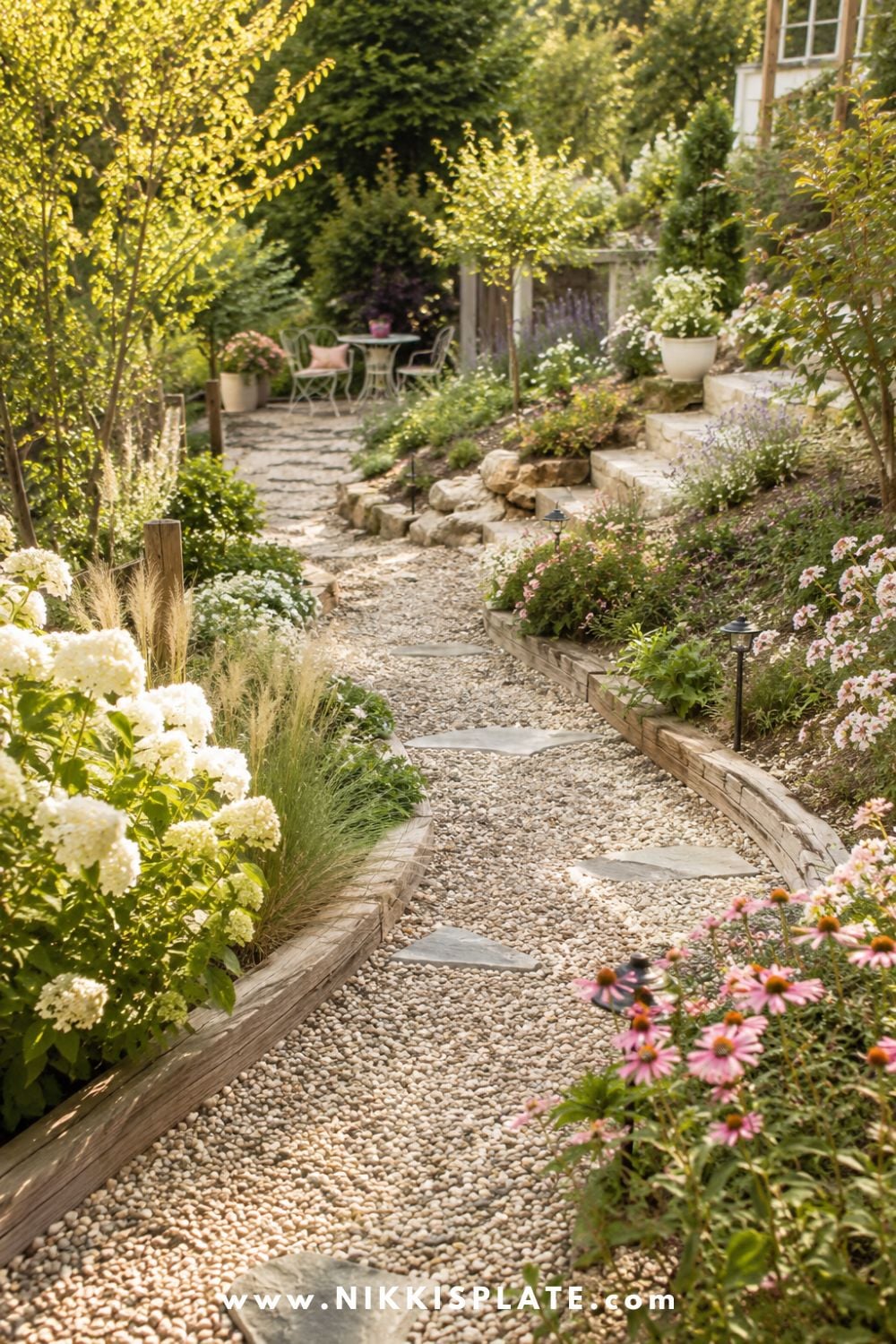 Sloped backyard landscaping with a budget-friendly gravel pathway, stepping stones, cottage flowers, and layered garden beds on a gentle slope.