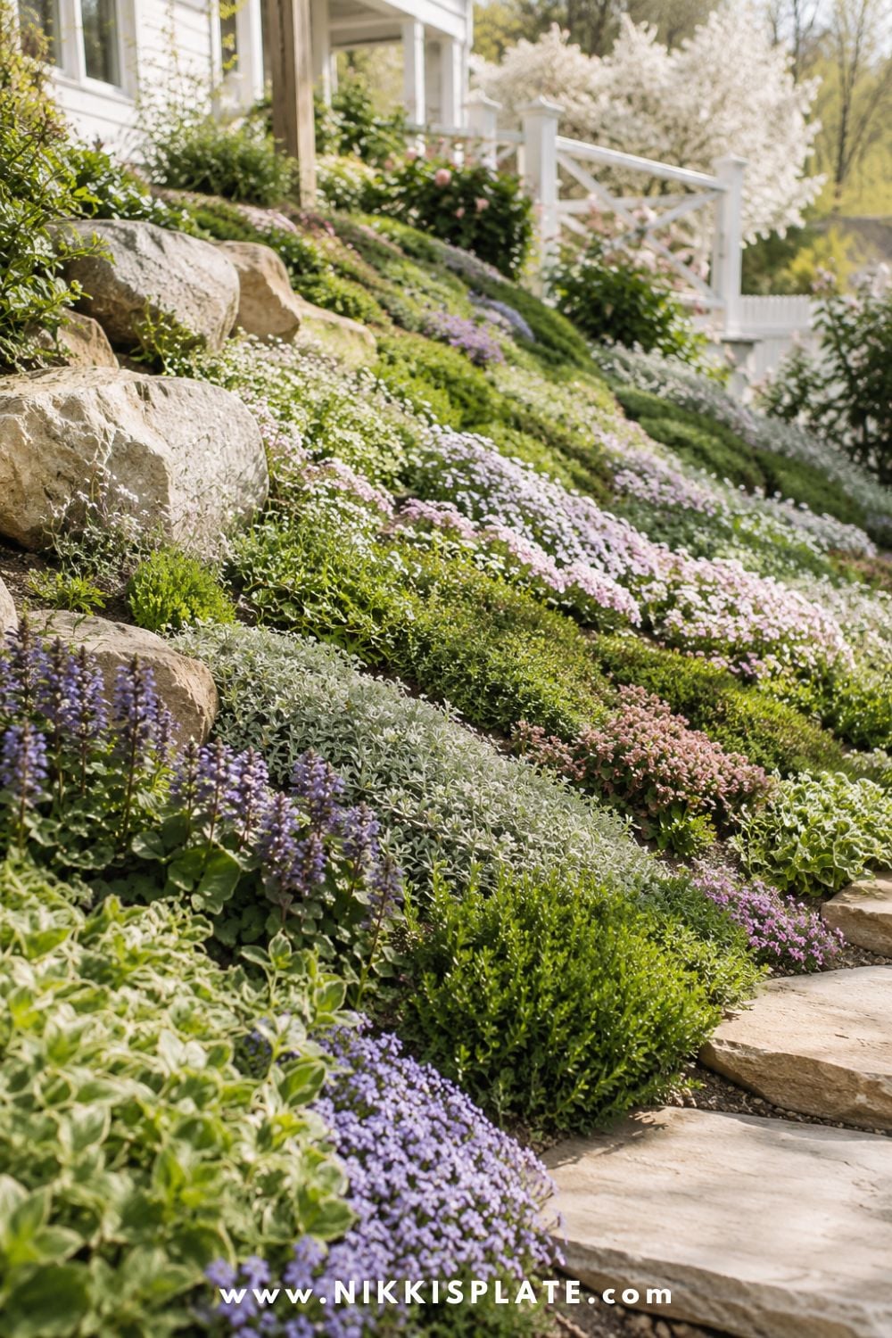 Sloped backyard landscaping with ground cover plants, creeping flowers, natural stone steps, and layered hillside planting to help prevent erosion.