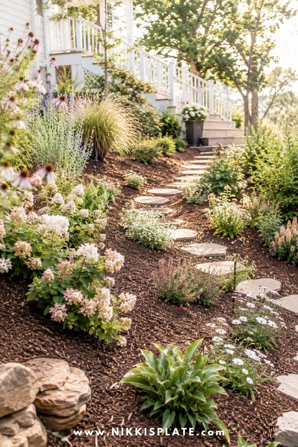 Sloped backyard landscaping with a mulched slope garden, stepping stone path, soft cottage flowers, ornamental grasses, and layered low-maintenance planting.