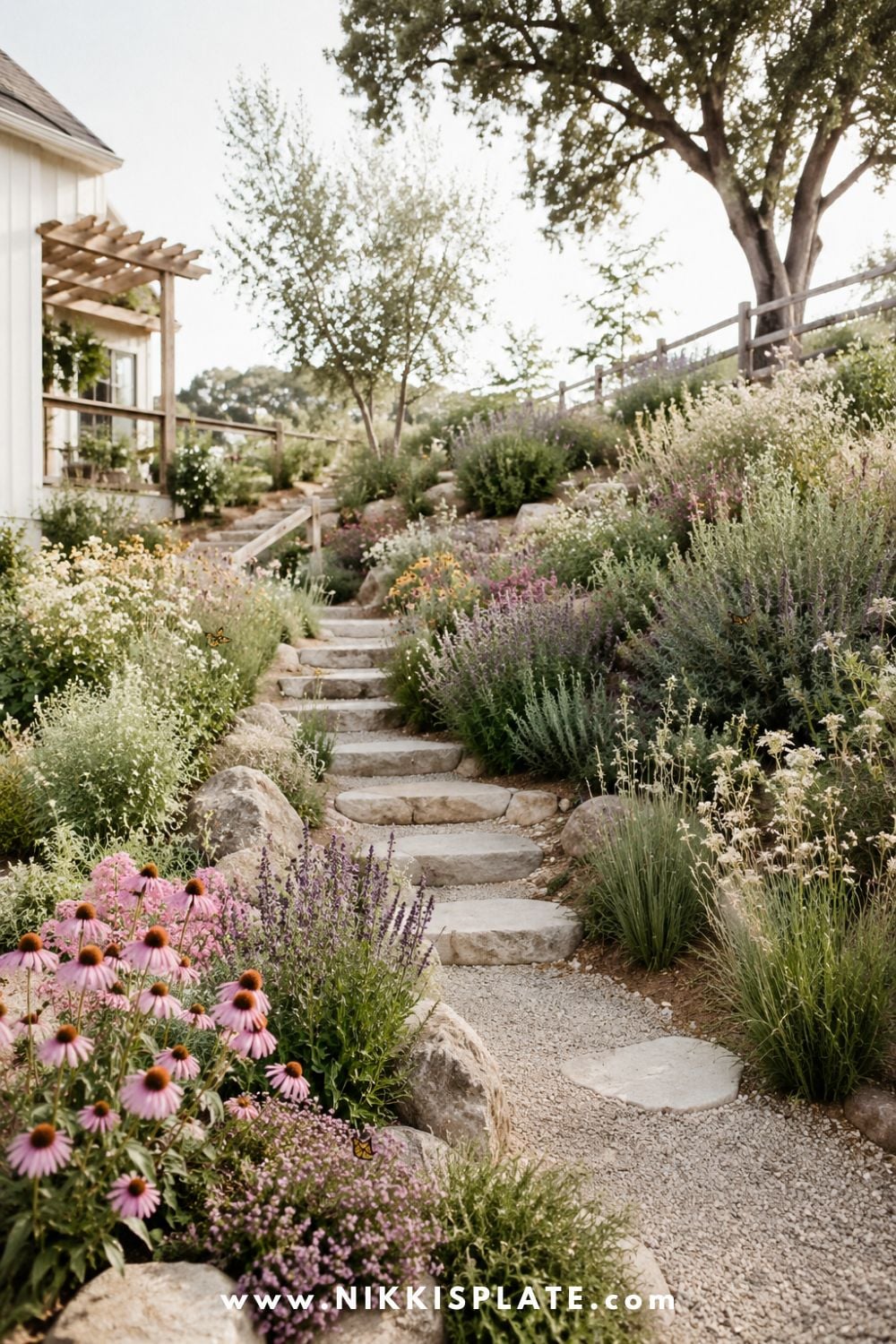 Sloped backyard landscaping with native plants, wildflowers, ornamental grasses, natural stone steps, and pollinator-friendly hillside garden beds.