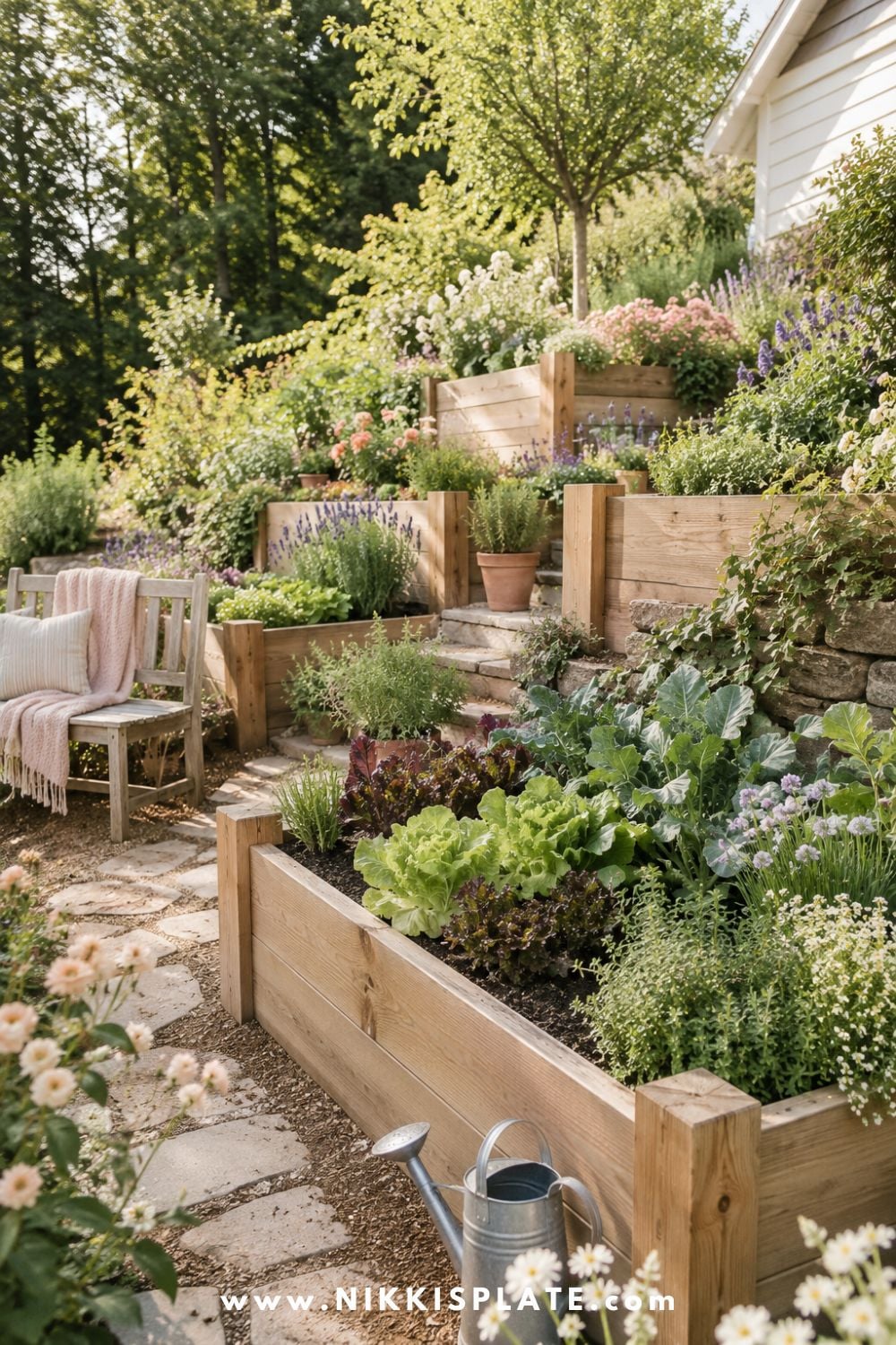 Sloped backyard landscaping with raised garden beds, warm wood planters, vegetables, herbs, cottage flowers, and a tiered hillside garden path.