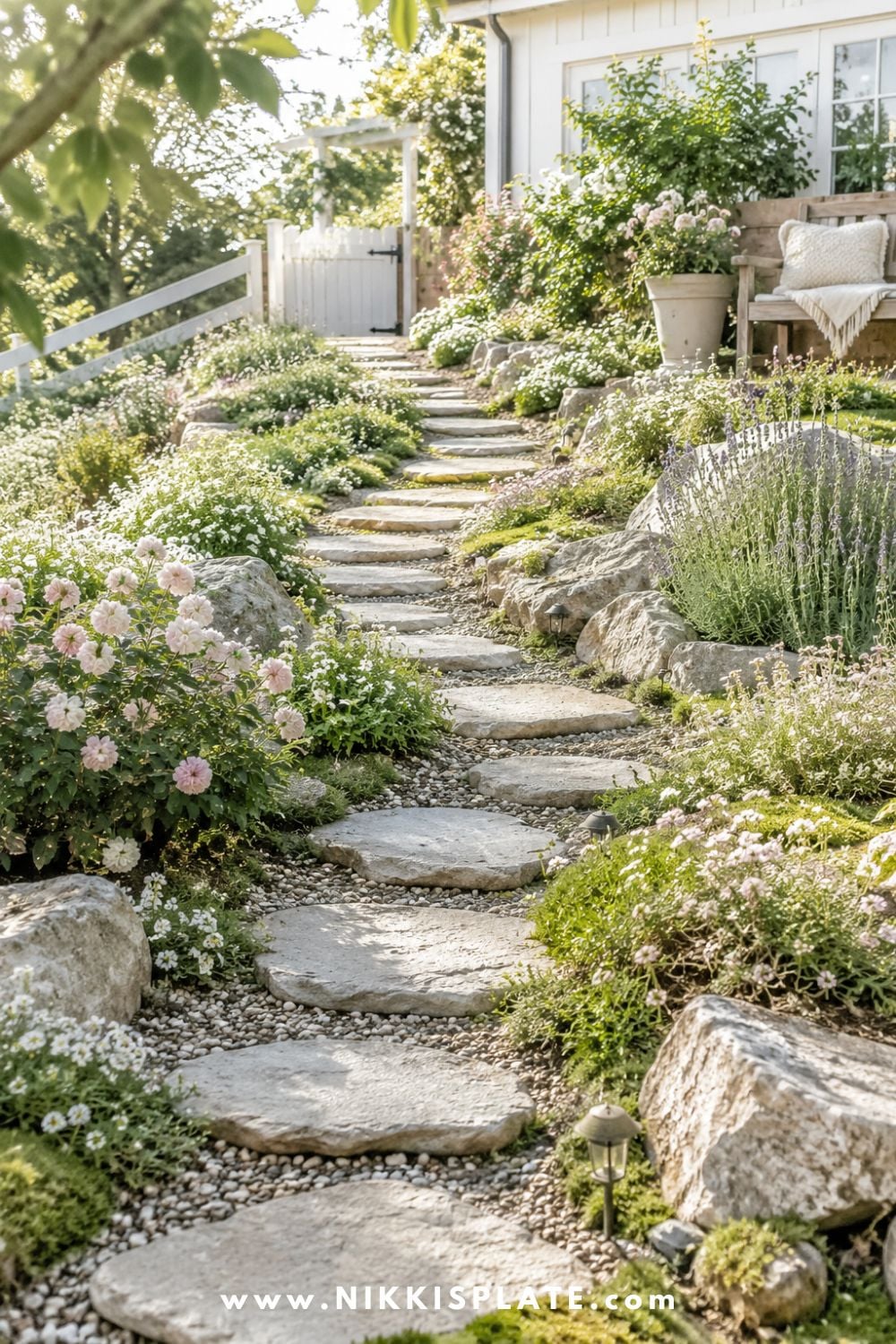 Sloped backyard landscaping with a stepping stone path, natural boulders, soft cottage flowers, ground cover plants, and a bright farmhouse garden gate.