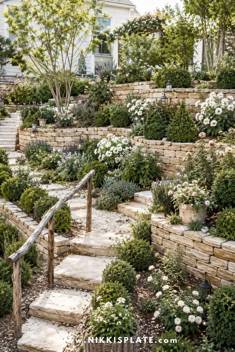 Sloped backyard landscaping with tiered garden beds, stone pathways, soft white flowers, and layered hillside planting for a cozy backyard garden.