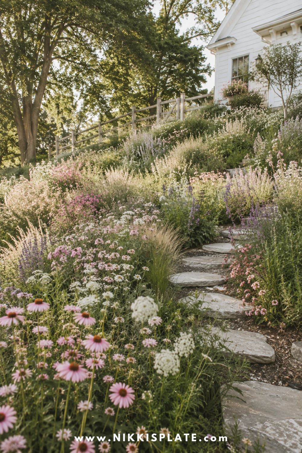 Sloped backyard landscaping with a wildflower slope, natural stone path, soft meadow flowers, ornamental grasses, and a relaxed cottage garden feel.