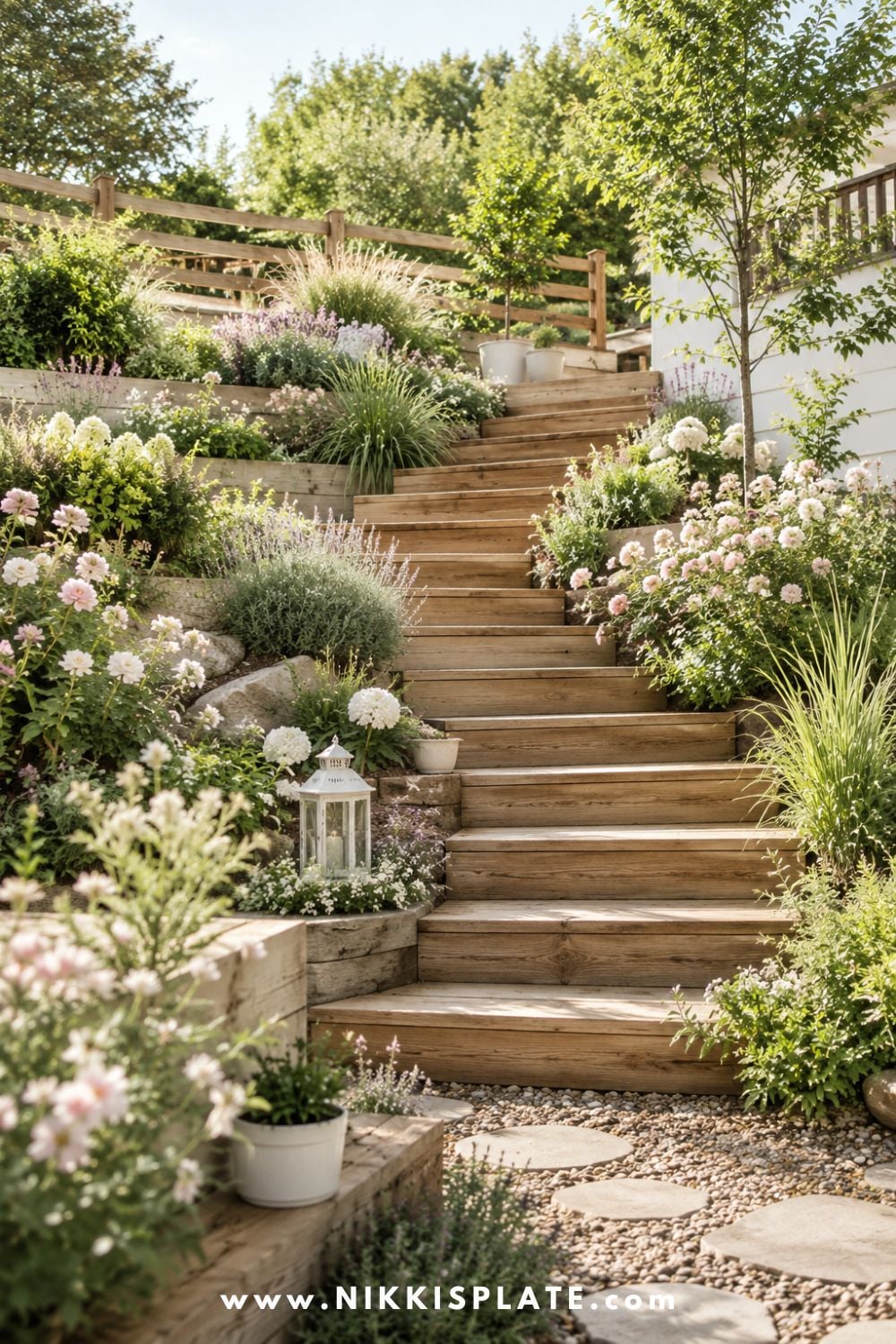 Sloped backyard landscaping with wooden garden stairs on a slope, terraced flower beds, soft cottage blooms, and a cozy gravel pathway.