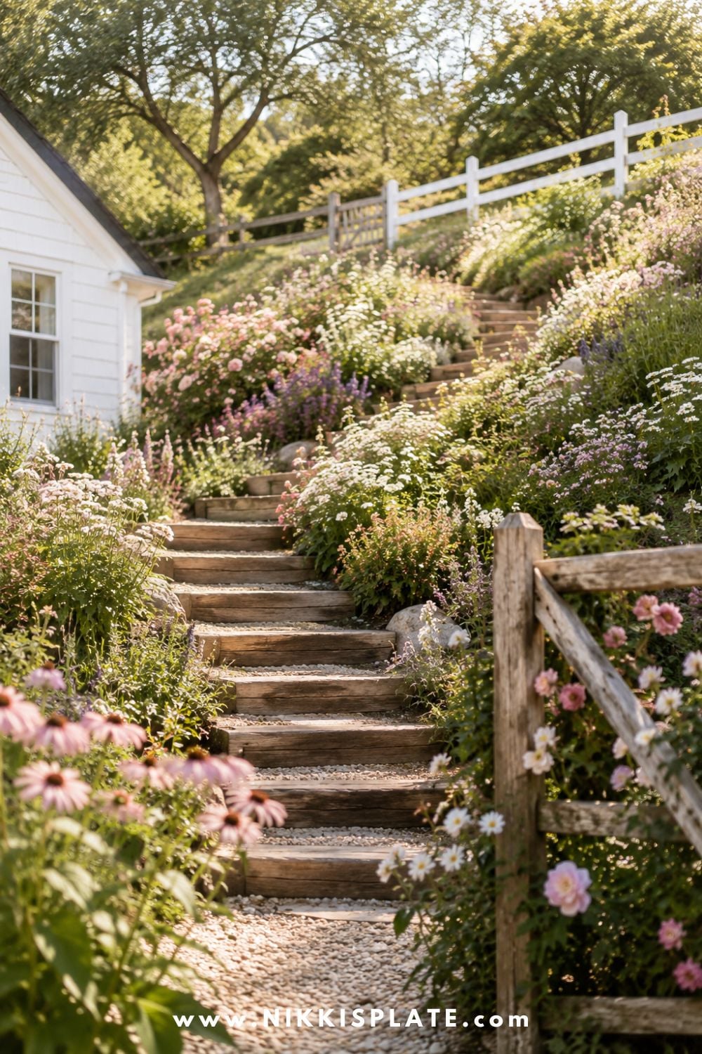 Sloped backyard landscaping with wooden steps, gravel path, cottage flowers, white fence, and lush hillside garden beds.