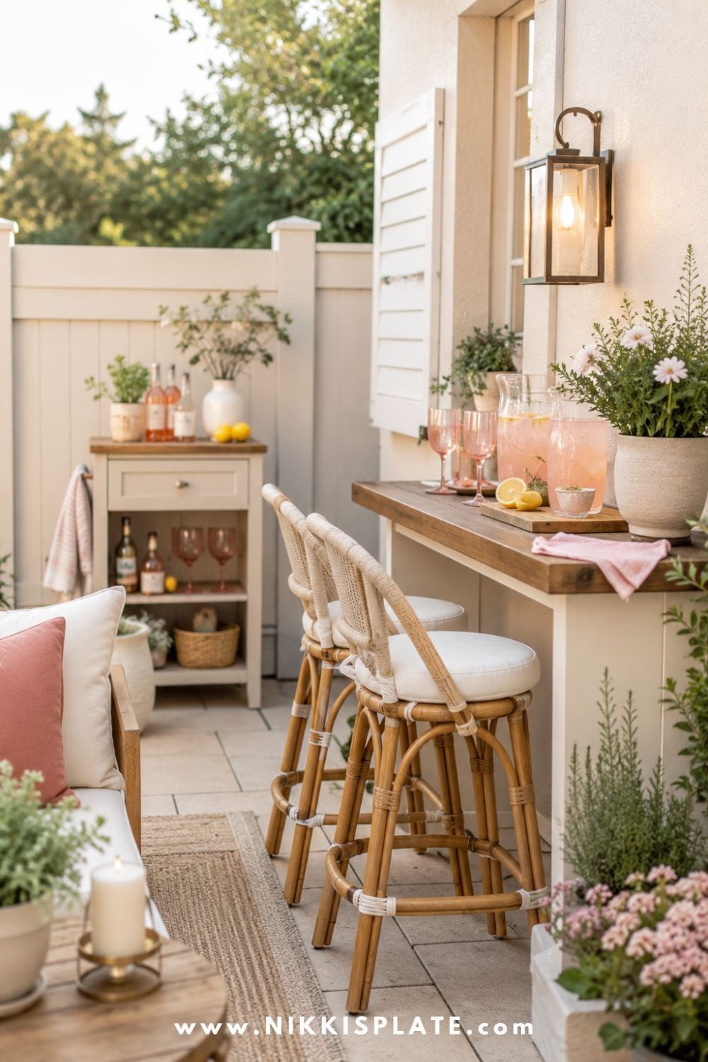 Small outdoor bar ideas for a patio with narrow wood counter, wicker bar stools, pink drinks, potted flowers, soft lighting, and cozy outdoor seating.
